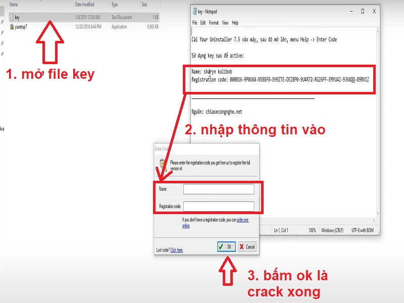 Bước 11: Nhập thông tin ở file "key" vào để crack phần mềm your uninstaller 7.5