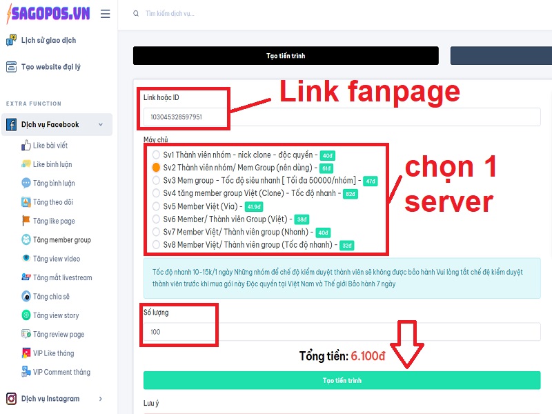 Bước 4: Dán link hoặc ID Fb Fanpage của bạn, chọn server, chọn số lượng và bấm “tạo tiến trình” để bắt đầu hack follow fb fanpage