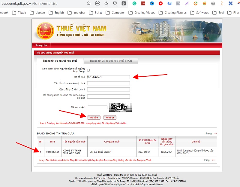 Tra cứu thông tin Công ty thiết kế website chuẩn SEO Vua Web Digi trên Tổng Cục Thuế Việt Nam